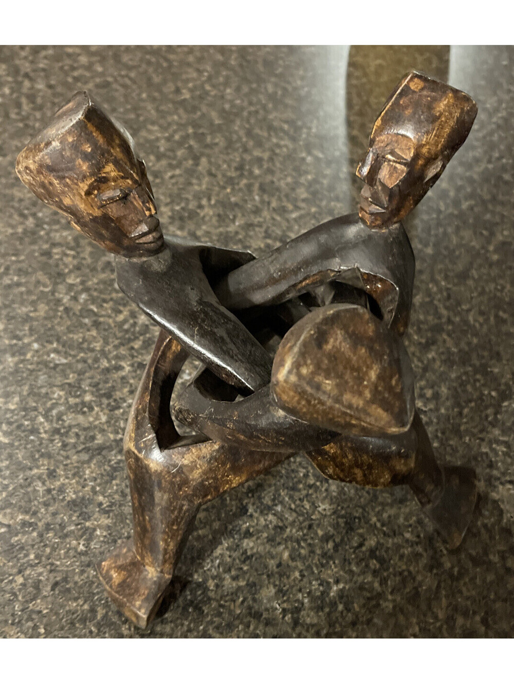 African Art Carved Wood 3 Men Interlock Unity Tribal Sculpture Plant Stand M1411